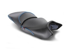Sargent's World Sport Motorcycle Seat for the 2024+ BMW R 1300 GS, Performance Plus Regular Height 2-pc set with Blue accents.
